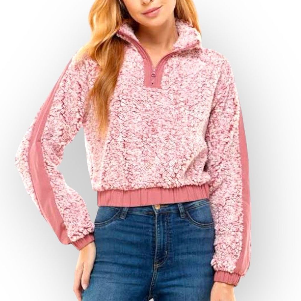 DEREK HEART Faux Sherpa Cropped Quarter Zip Top in Pink Size Small NEW
